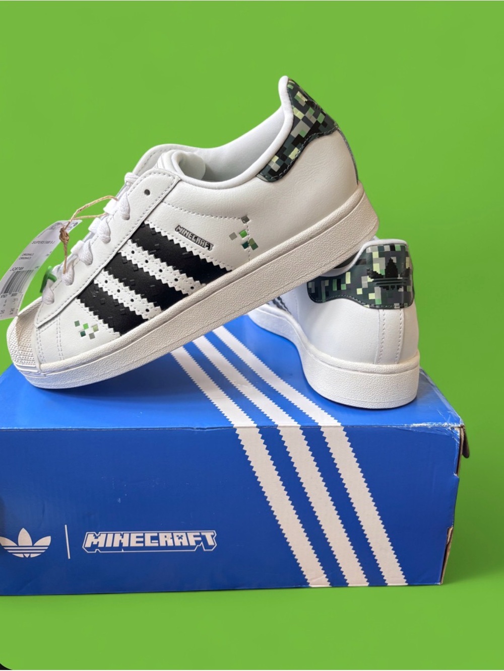 adidas Kids White Black & Green Minecraft Superstar Sneakers